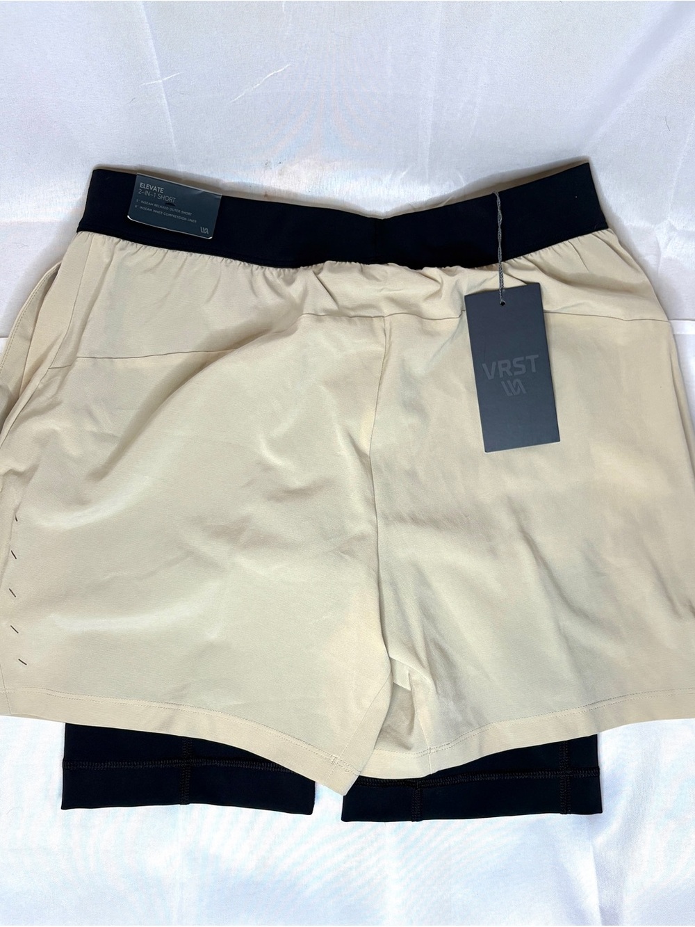 Men's Beige Athletic Shorts with Black Waistband - Picture 2 of 2